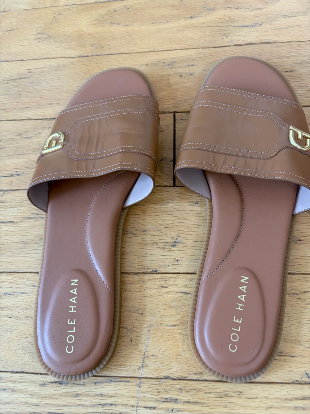 Cole Haan Brown Leather Slide Sandals with Gold Accent